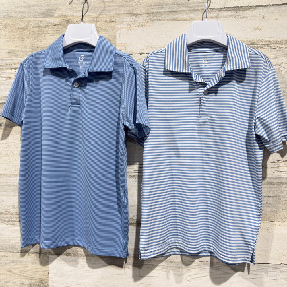 Class Club Polo Shirt Bundle Boys 6/7 Blue Stripe Performance Preppy EUC